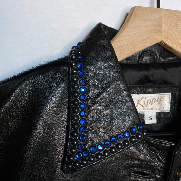 Kippys Black Western Leather Jacket with Blue Calf Hair and Rhinestones Small - Picture 13 of 16